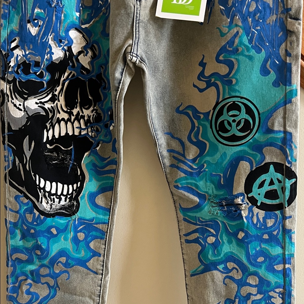 D’ANDIJIESHEN Men's Graphic Jeans  Blue and Black Design Size 34 New With Tags - Picture 3 of 10